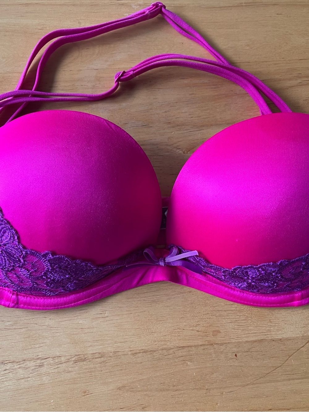 Victoria's Secret Hot Pink Push-Up Bra with Purple Lace Trim